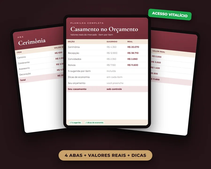 Planilha Casamento no Orçamento: 4 abas com valores reais e dicas