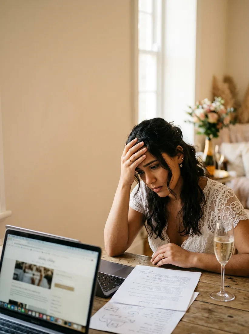 Noiva preocupada com os orçamentos do casamento